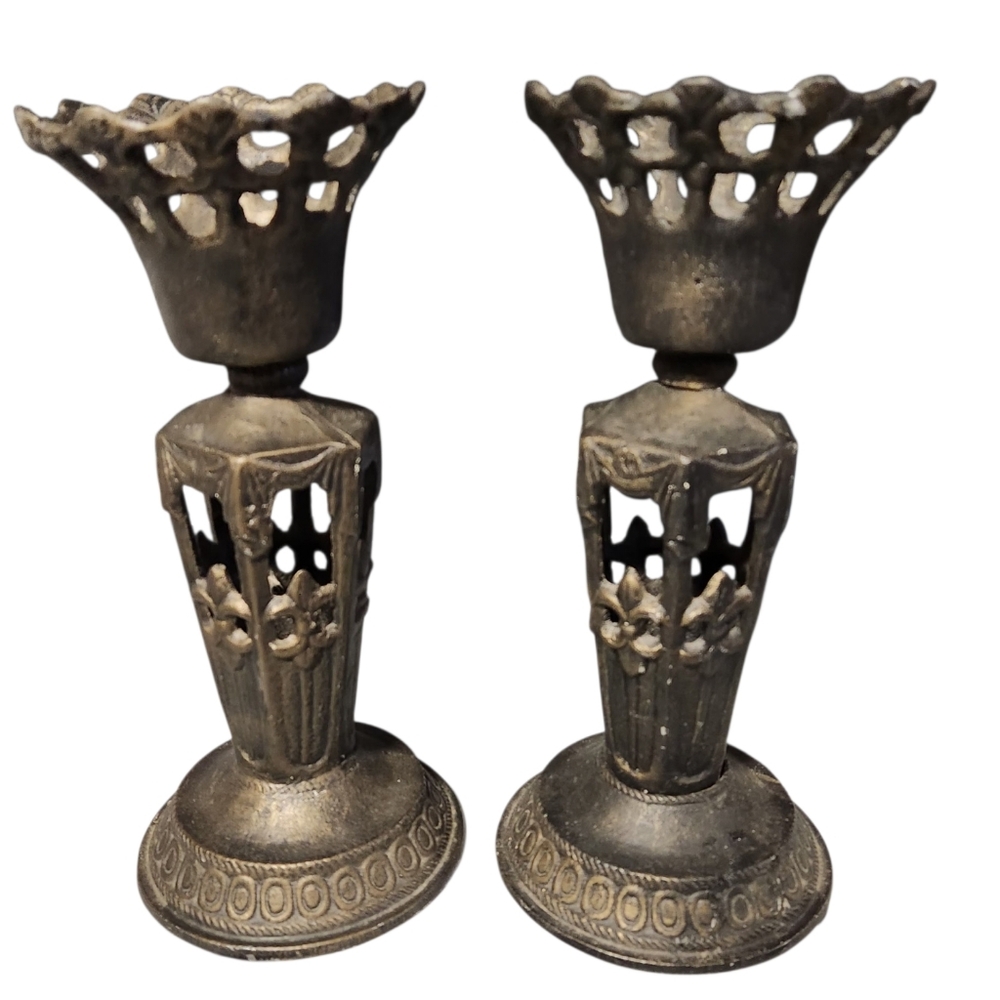 Pair Of Vintage Gothic Taper Candle Holders Pierced Farmhouse Decor Dark Finish